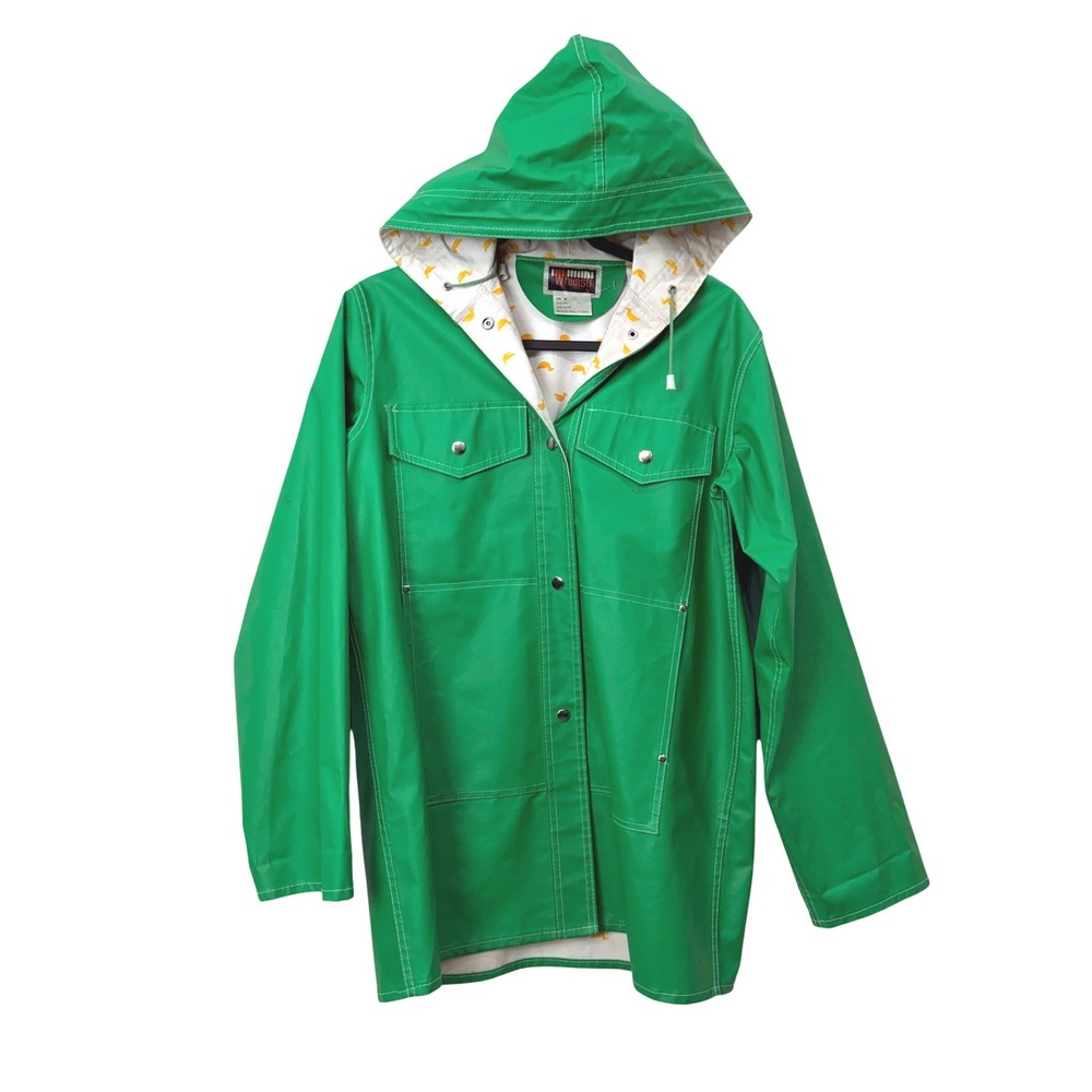 VTG Whimsy Women Medium Raincoat Kelly Green Duck Print Hooded Slicker Snap